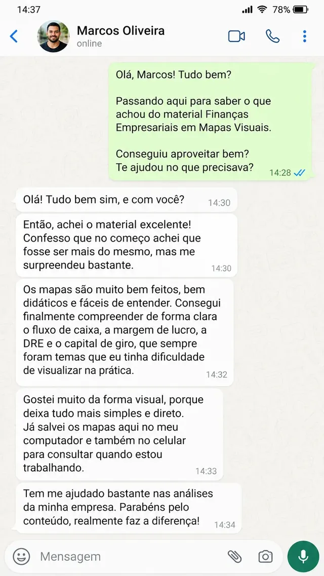 Depoimento de comprador sobre o material Finanças Empresariais em Mapas Visuais