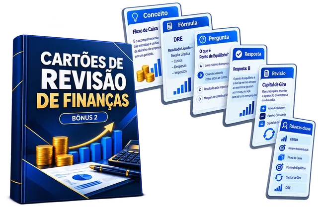 Mockup do Cartões de Revisão de Finanças — e-book e prévias em cascata