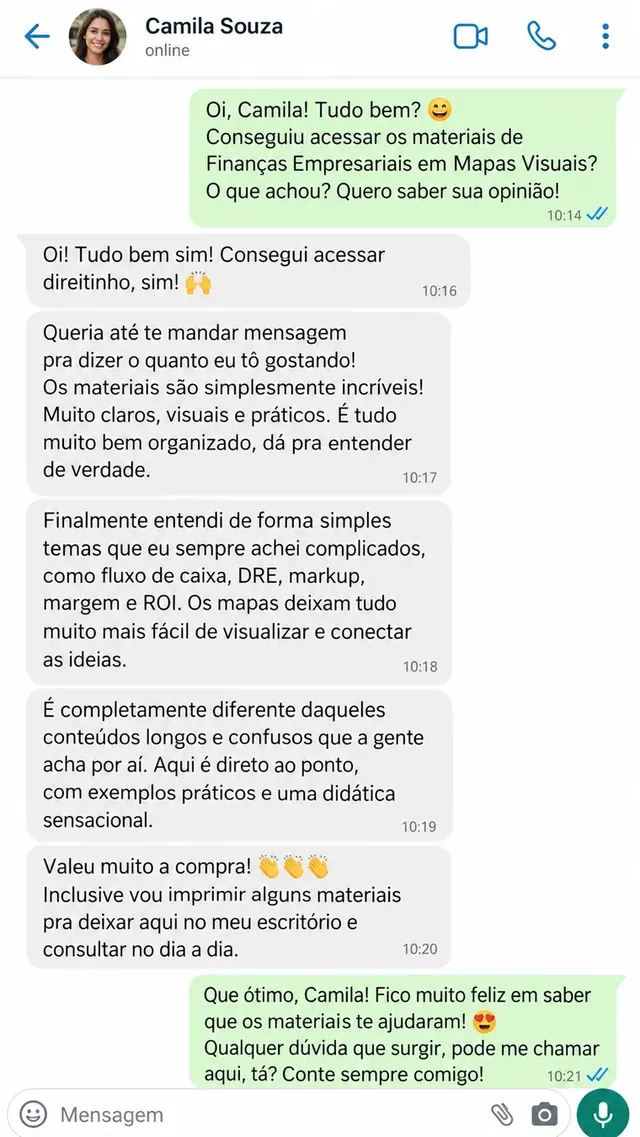 Depoimento de compradora sobre o material Finanças Empresariais em Mapas Visuais